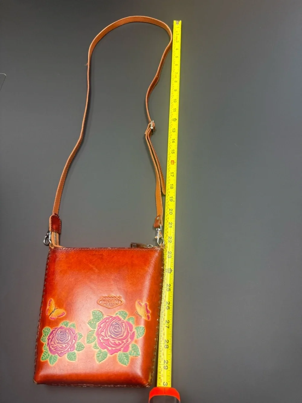 Unk Brown Leather Crossbody with Hand-Painted Floral Motif